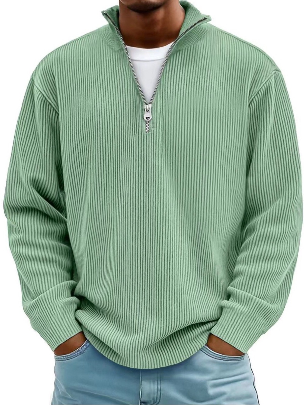 Men's Ribbed Quarter-Zip Pullover Sweatshirt Long Sleeve Sage Green Size-L NEW